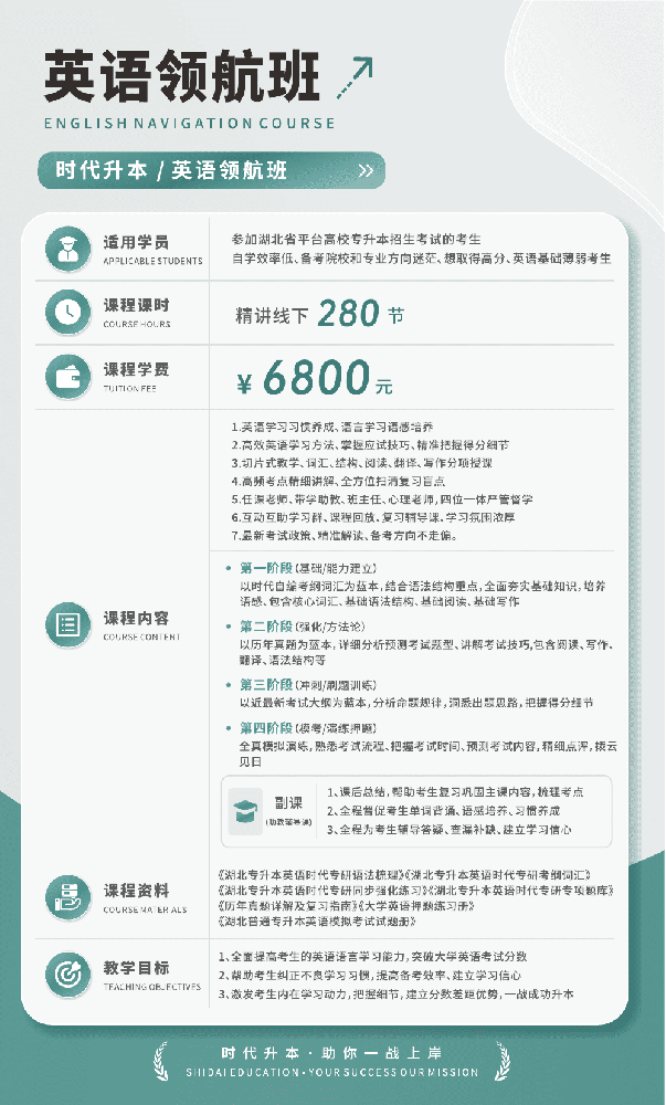 湖北专升本英语领航班_强化提升课程_时代升本
